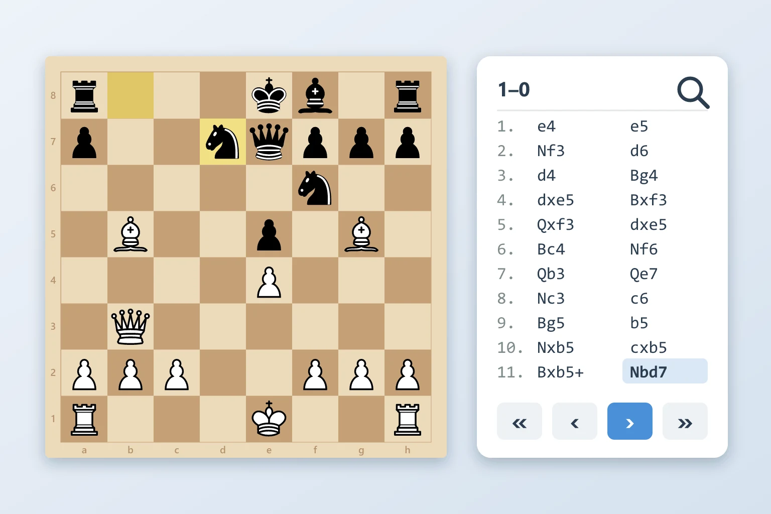 Chess game viewer: a board with buttons to step through the moves
